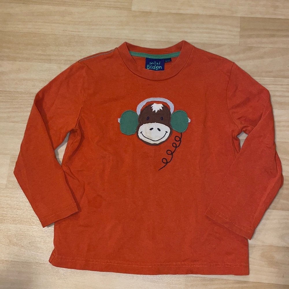 Mini Boden aplique orange monkey long sleeved shirt 3-4 Y